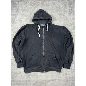 Vtg Polo Ralph Lauren Sweater Men's Large Black‎ Full Zip Hoodie Waffle Lined